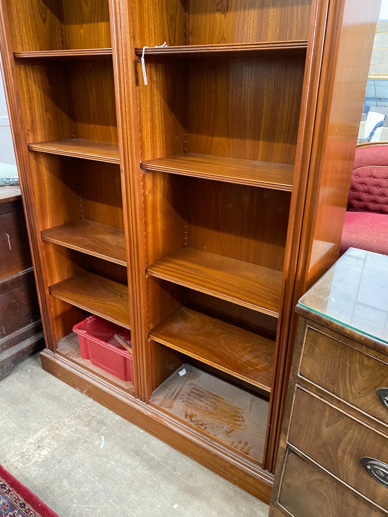 A Victorian style mahogany open bookcase, width 138cm, depth 37cm, height 213cm